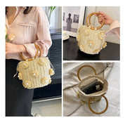 Bolsa feminina de palha com pérolas, bolsa de tecido artesanal com cordão para pulso, bolsa de praia para férias de verão