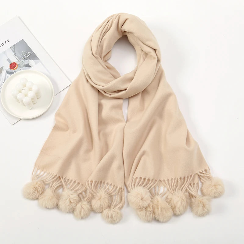 Lenço quente feminino com bola de pele de coelho pashmina lenços grossos xales inverno cashmere pompom cachecol senhoras oversize cobertor envoltório