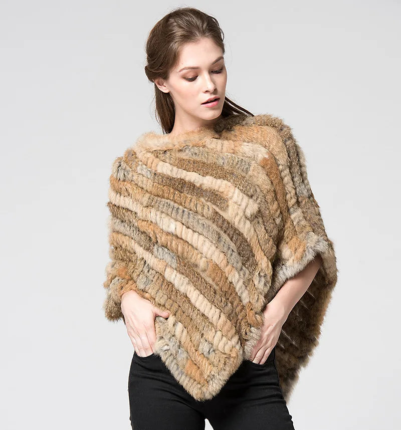 Real pele de coelho de malha natural poncho colete moda envoltório casaco xale senhora cachecol pele natural festa de casamento atacado capa