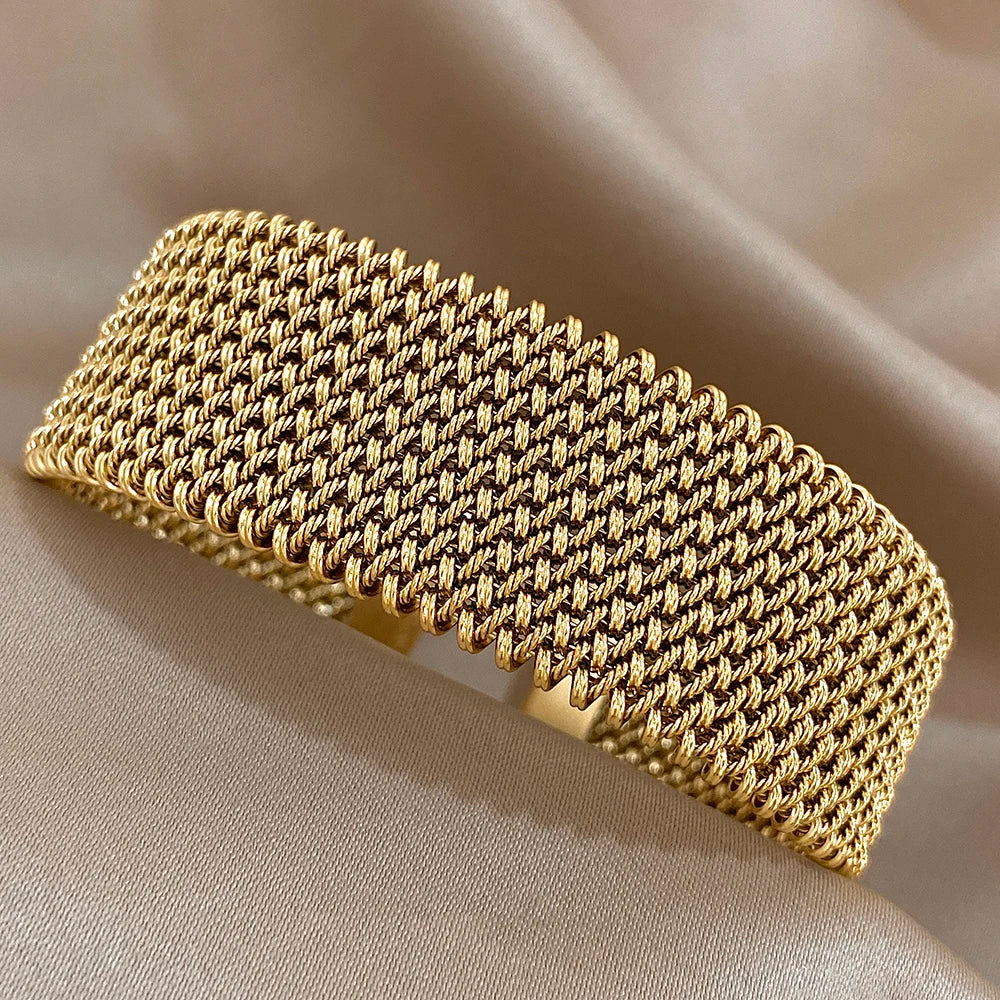 Pulseira vintage de malha trançada de aço inoxidável, punho clássico, joias à prova d'água para mulheres, homens, uso diário de festa, joias, presentes