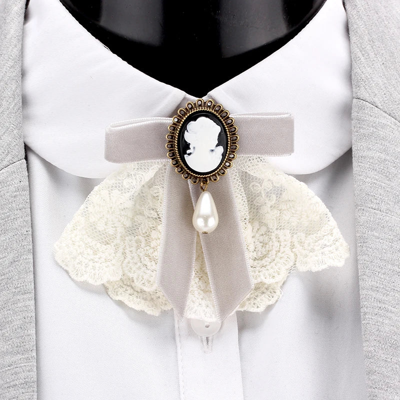 Elegante laço de veludo fita bowknot bronze banhado rainha cameo beleza cabeça veneziana pérola gota água feminino broche lapela pinos presentes