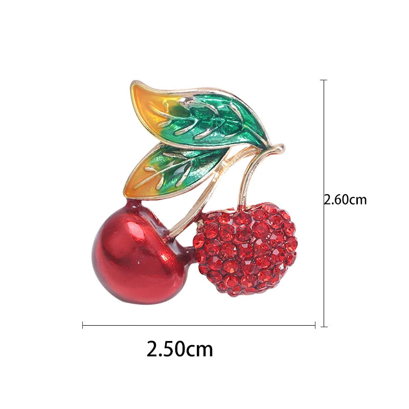 Broches de cereja esmalte para mulheres, Unisex Rhinestone Fruit Pins, Banquete Party Backpack Presentes, Acessórios de jóias
