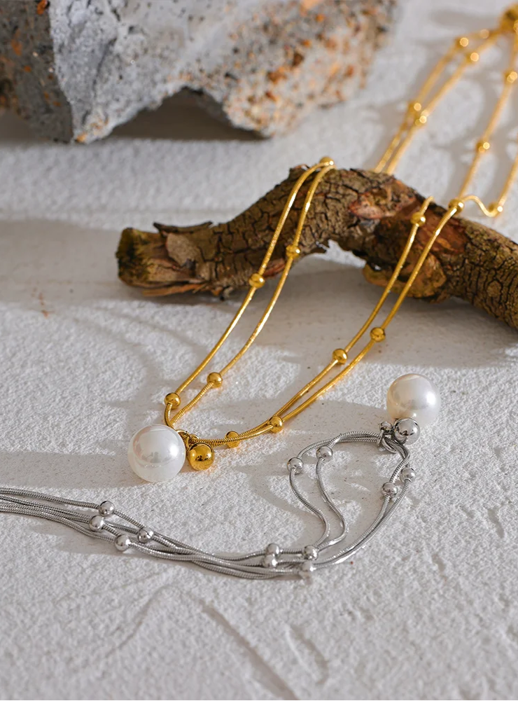 Yhpup elegante imitação de pérolas de aço inoxidável contas redondas corrente pingente colar para mulheres ouro prata cor jóias coreanas