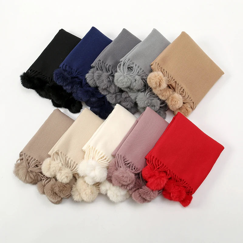 Lenço quente feminino com bola de pele de coelho pashmina lenços grossos xales inverno cashmere pompom cachecol senhoras oversize cobertor envoltório