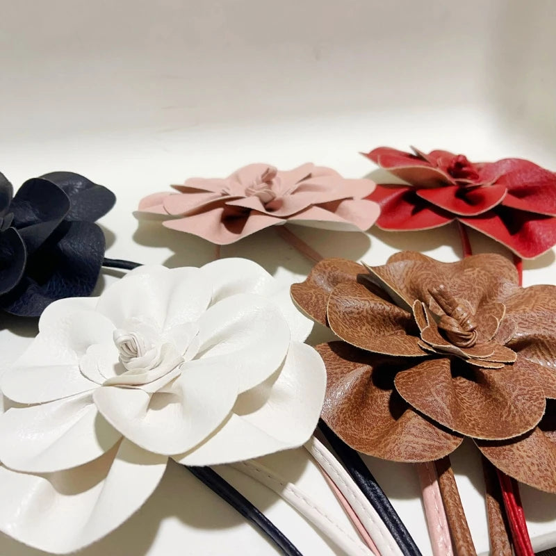 Cinto de couro PU boêmio – faixa envoltória com gravata de flor grande e laço para decoração de vestido