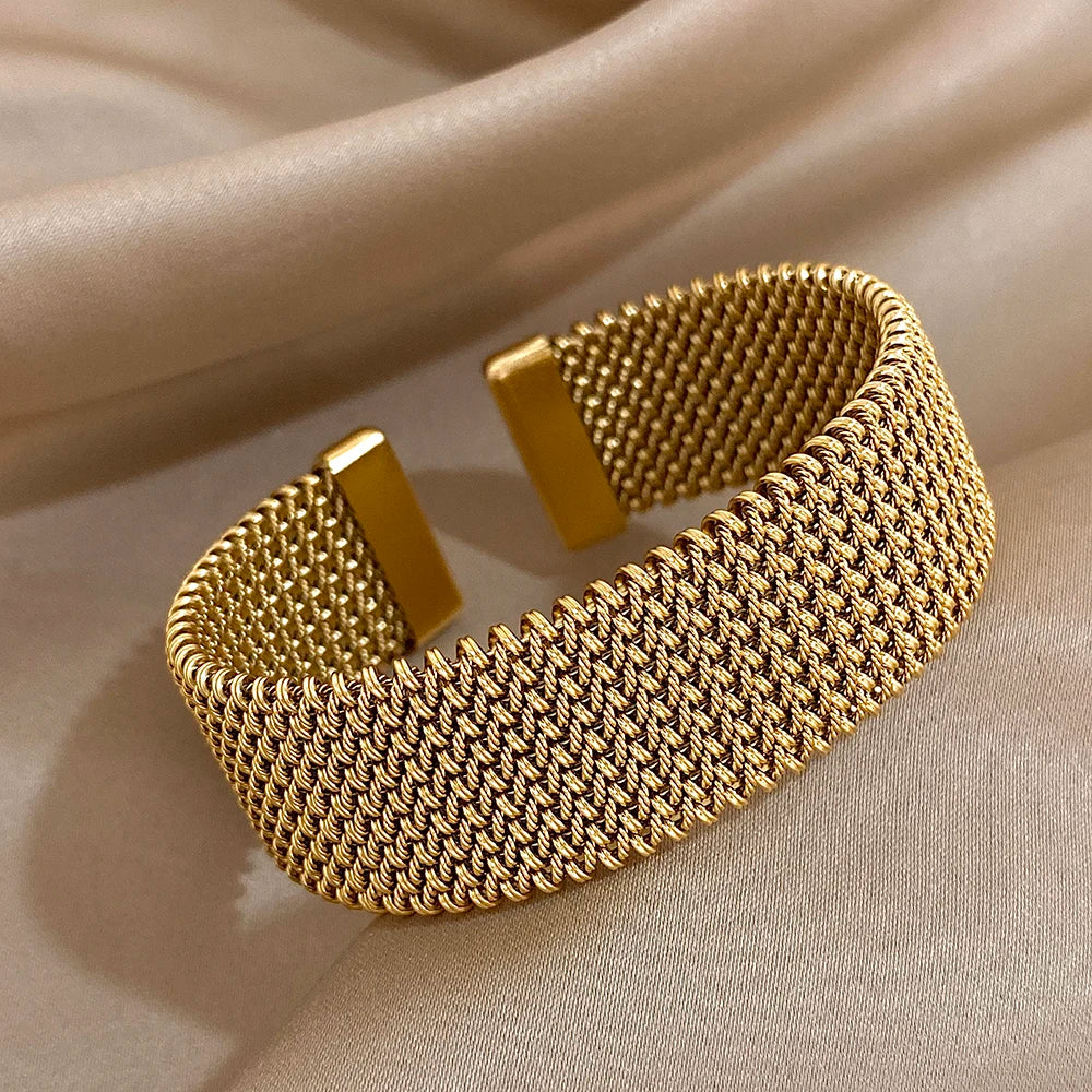 Pulseira vintage de malha trançada de aço inoxidável, punho clássico, joias à prova d'água para mulheres, homens, uso diário de festa, joias, presentes