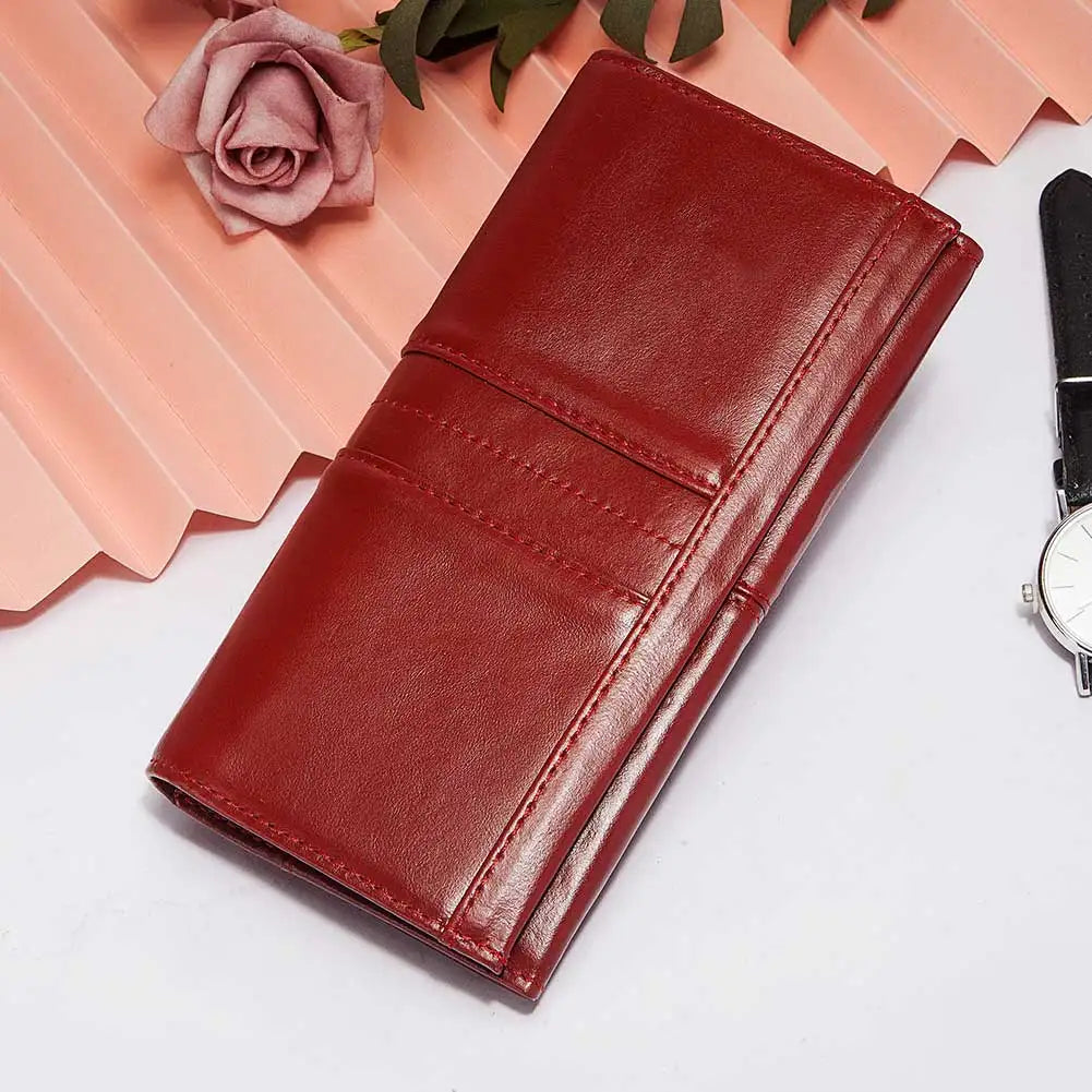 Carteira de couro genuíno para mulheres, bolsa de embreagem, bolsa de celular, bloqueio RFID, cartão de crédito, bolso com zíper, moda feminina