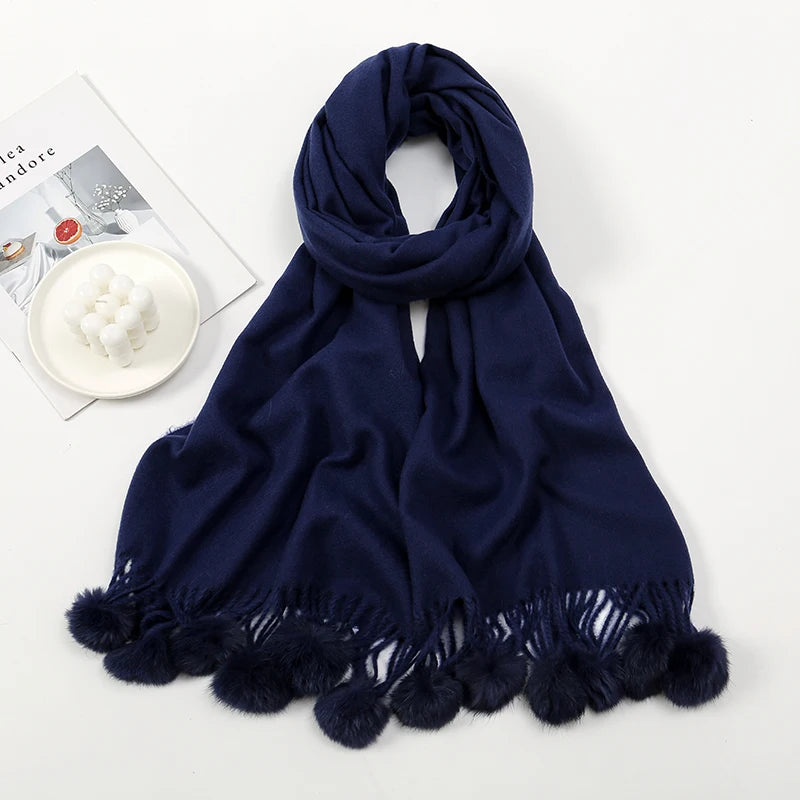 Lenço quente feminino com bola de pele de coelho pashmina lenços grossos xales inverno cashmere pompom cachecol senhoras oversize cobertor envoltório