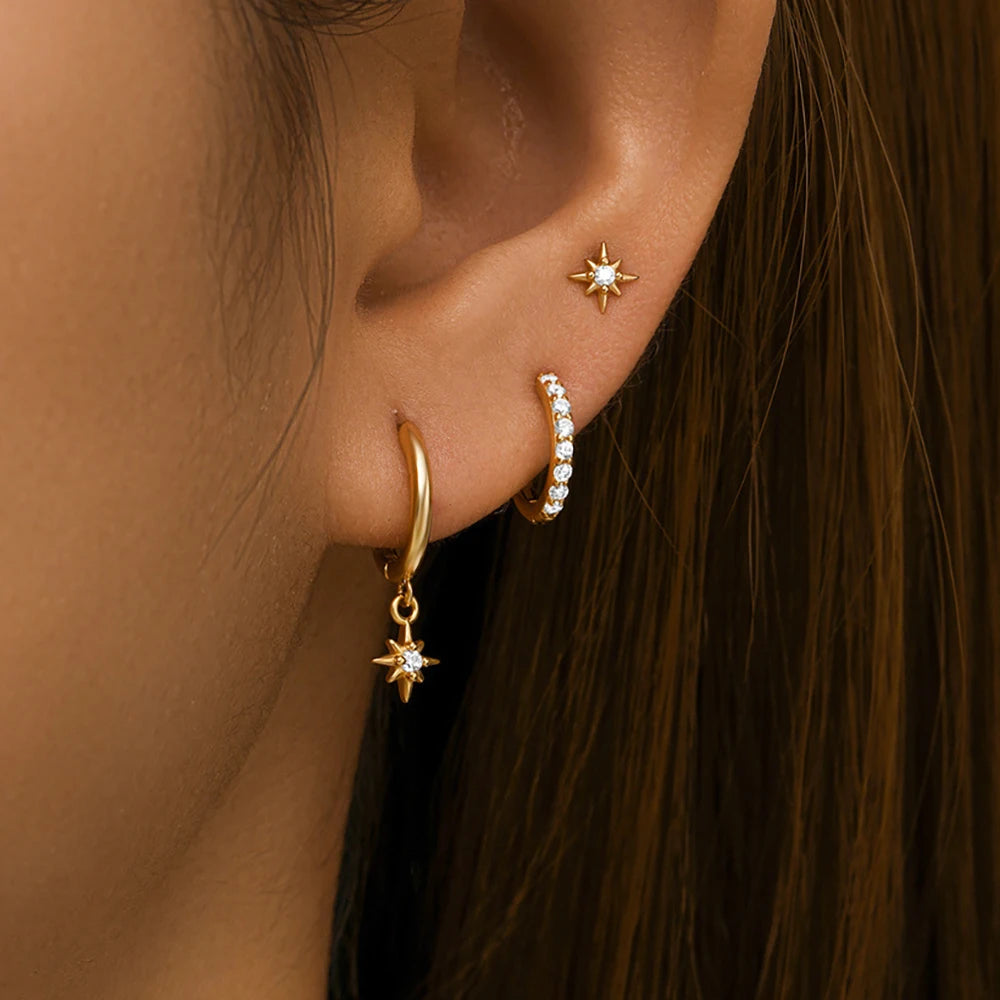 Conjunto de brincos redondos de estrela de aço inoxidável, 3 peças, para mulheres, banhado a ouro 18k, brinco pendurado, punk, unissex, joias rock