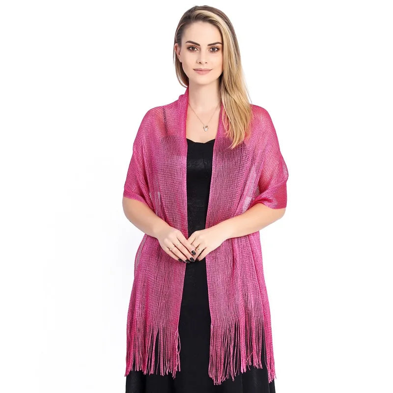 Moda Ouro Prata Brilhante Silk Sunscreen Scarf Feminino Long Tassel Evening Party Dress Xaile Verão Fino Praia Bikini Sun Cloak