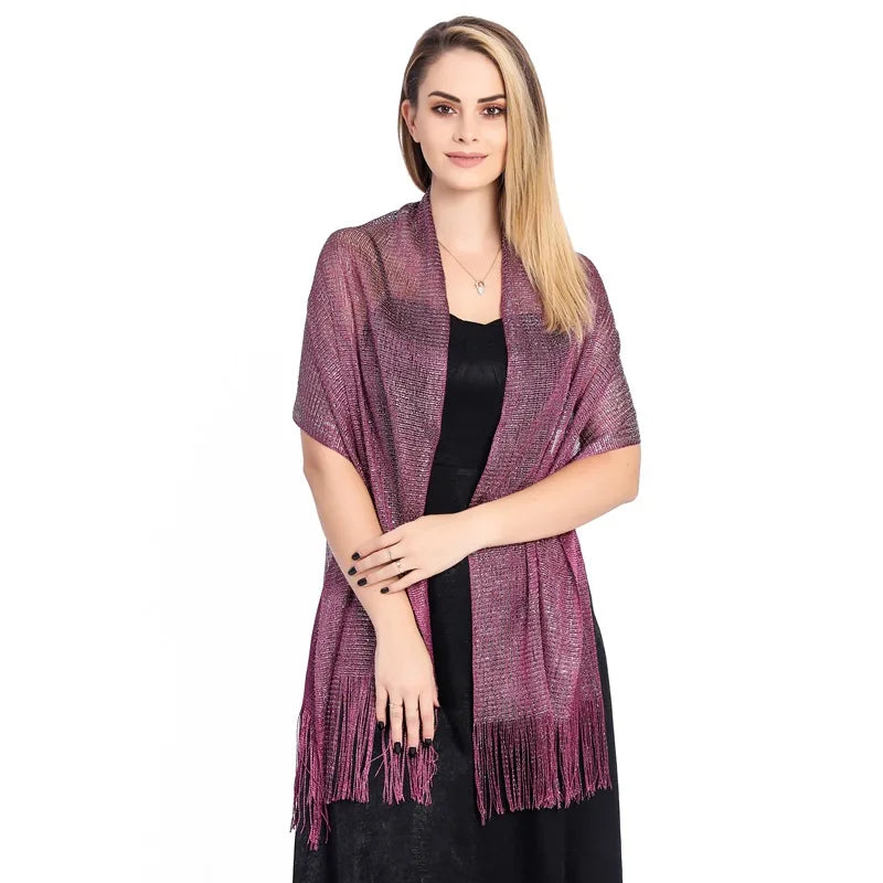 Moda Ouro Prata Brilhante Silk Sunscreen Scarf Feminino Long Tassel Evening Party Dress Xaile Verão Fino Praia Bikini Sun Cloak