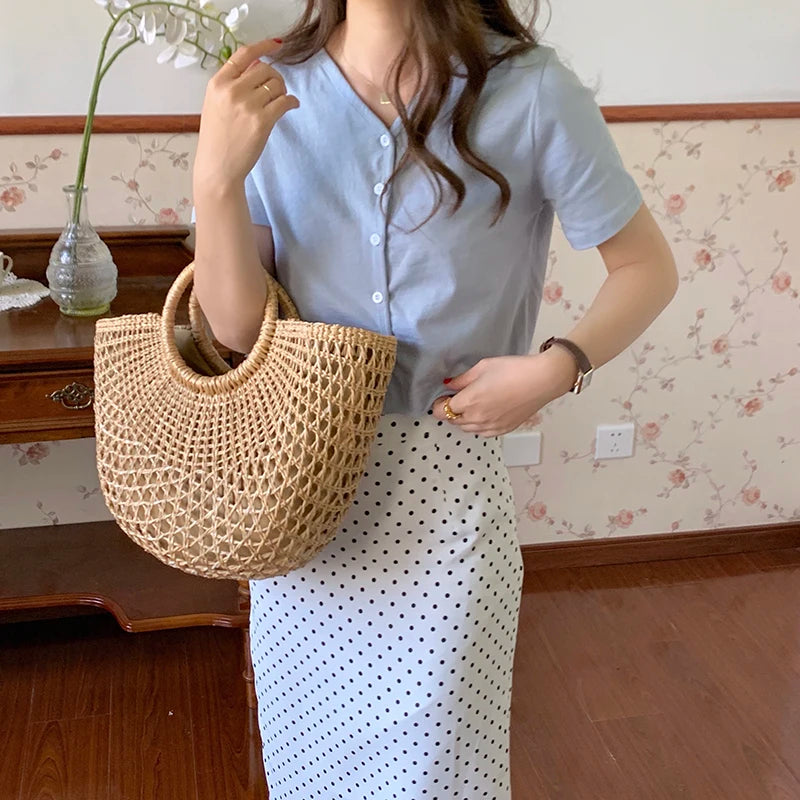 Luxo oco designer praia bolsa de ombro alta qualidade marca palha bolsa feminina verão raffia tecido cesta viagem tote bags