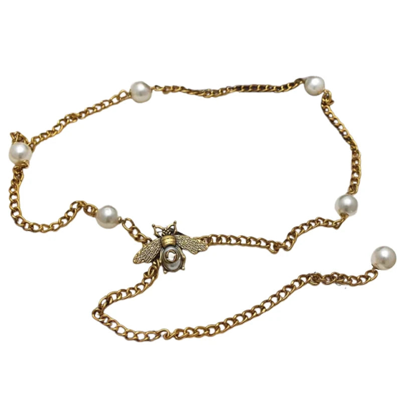 Corrente de cintura longa de luxo para mulheres vintage pérola splice metal cinto de alta qualidade vestido decoração corrente presentes