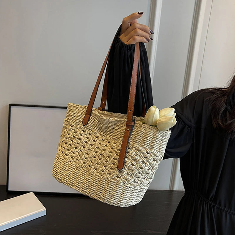 Designer casual rattan vime sacola grande capacidade tecido feminino verão praia palha bolsa senhora viagem grande cesta