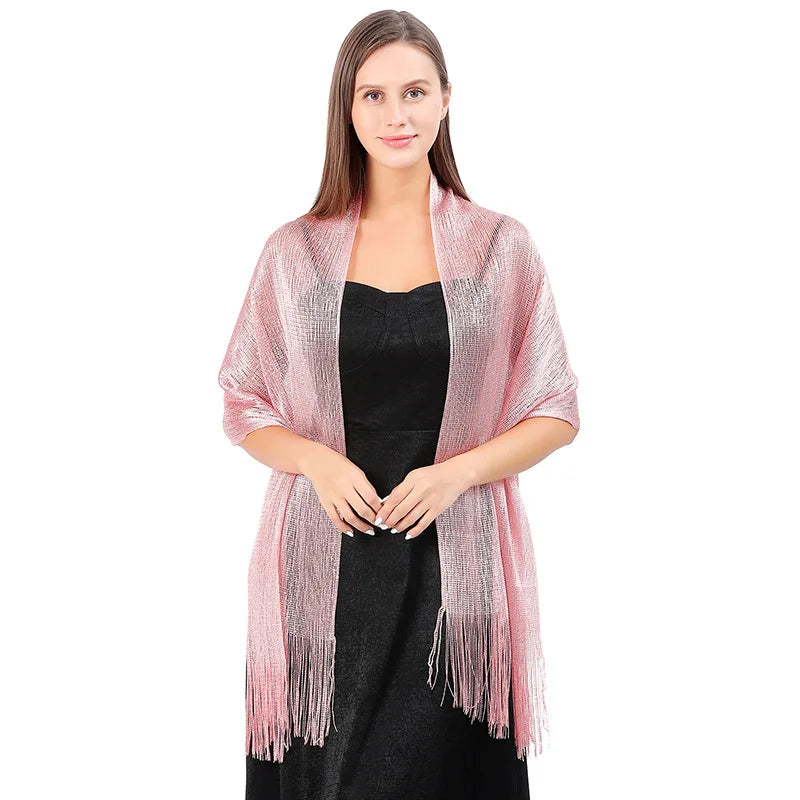 Moda Ouro Prata Brilhante Silk Sunscreen Scarf Feminino Long Tassel Evening Party Dress Xaile Verão Fino Praia Bikini Sun Cloak