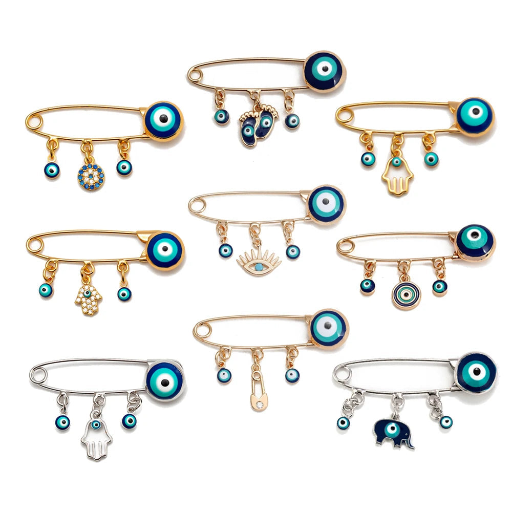 Pino de segurança olho da sorte gota óleo azul turco mau olhado fátima hamsa mão redonda charme broche pino para mulheres homens moda jóias