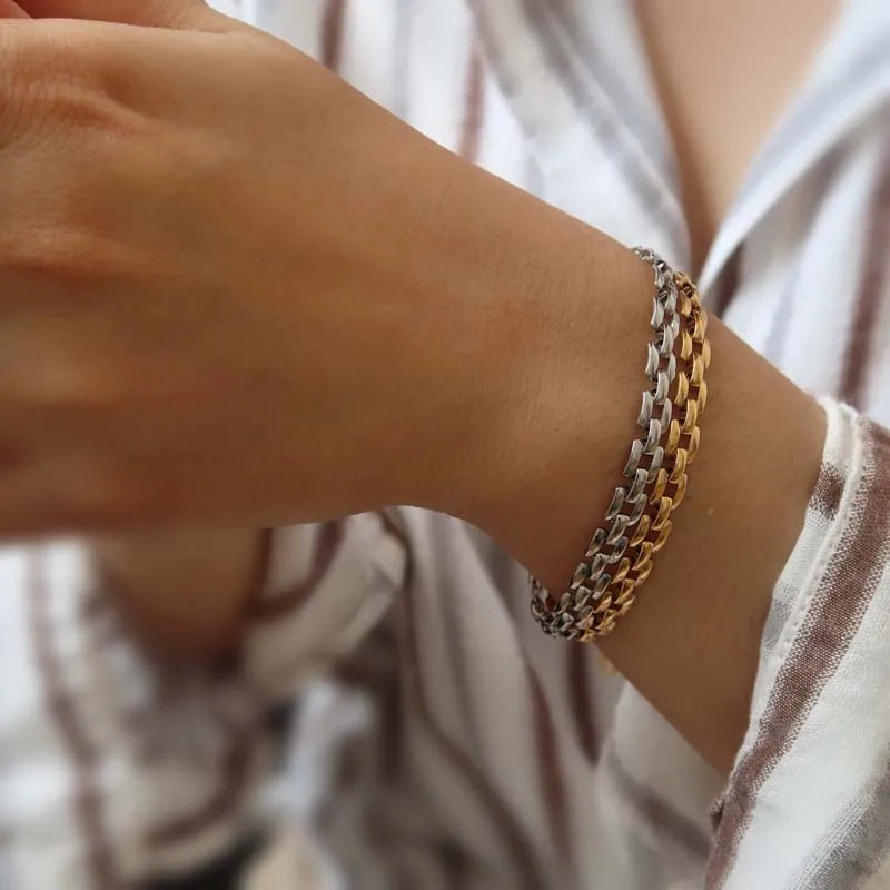 Pulseira de corrente de ligação oca de metal de aço inoxidável para mulheres vintage cor de ouro pulseira de relógio charme pulseiras jóias presentes