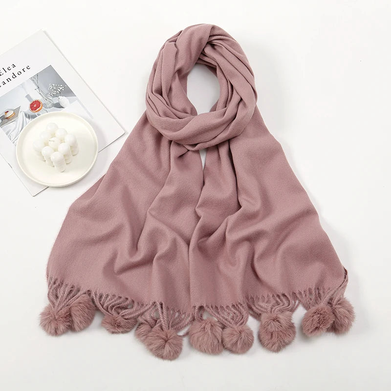 Lenço quente feminino com bola de pele de coelho pashmina lenços grossos xales inverno cashmere pompom cachecol senhoras oversize cobertor envoltório