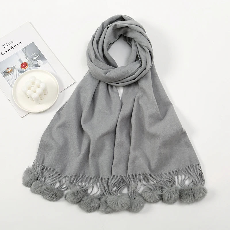 Lenço quente feminino com bola de pele de coelho pashmina lenços grossos xales inverno cashmere pompom cachecol senhoras oversize cobertor envoltório