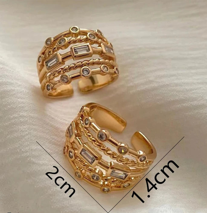 2024 Nwe Anéis de sol banhados a ouro 18 K de aço inoxidável para mulheres pedra natural incrustada em anel de textura de metal oco joias da moda