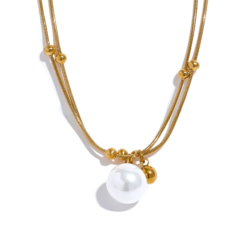 Yhpup elegante imitação de pérolas de aço inoxidável contas redondas corrente pingente colar para mulheres ouro prata cor jóias coreanas
