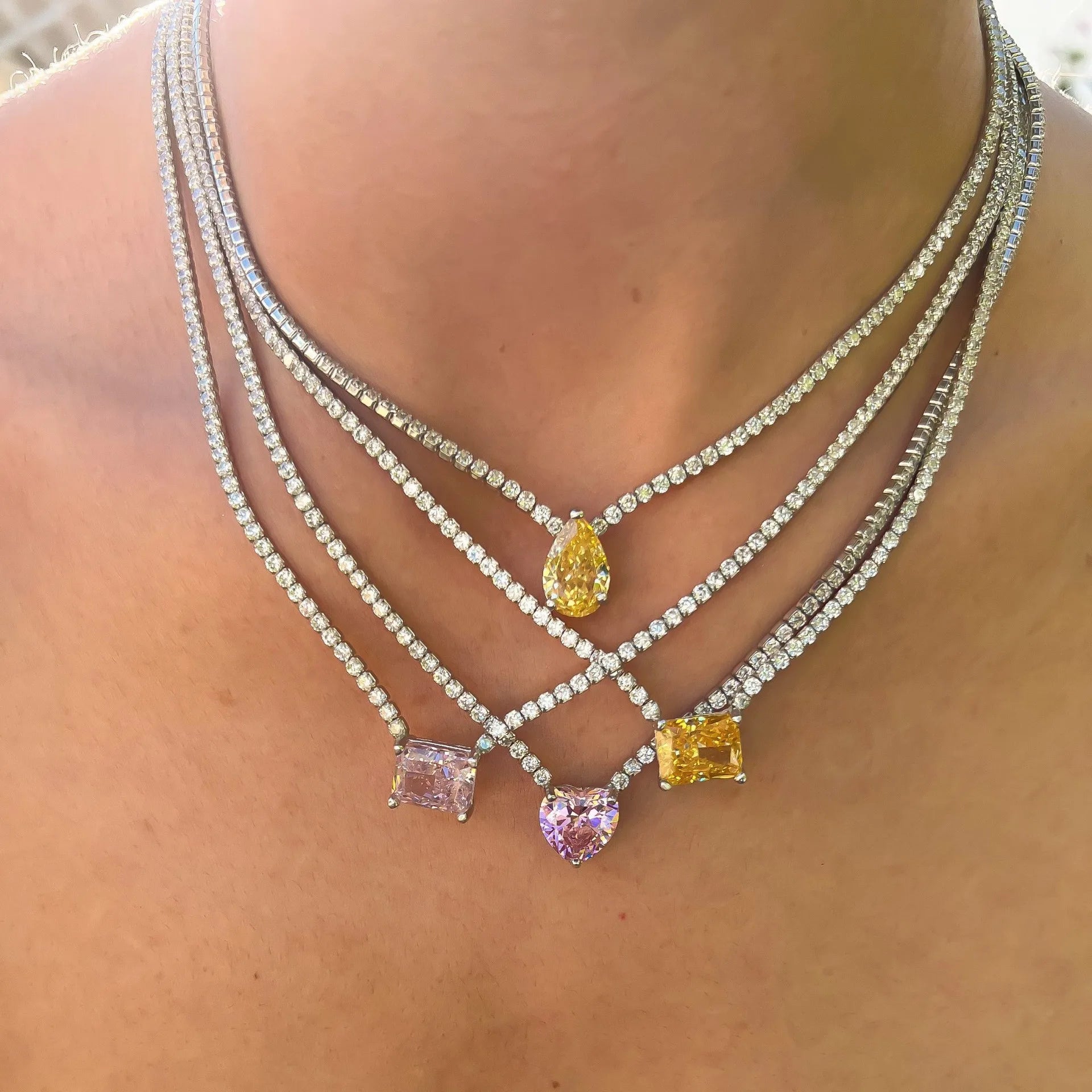 Shinny conjunto de jóias de pedra de cristal completo para mulheres luxo amor coração zircônia cúbica tênis pulseira gelada para fora corrente colar casamento