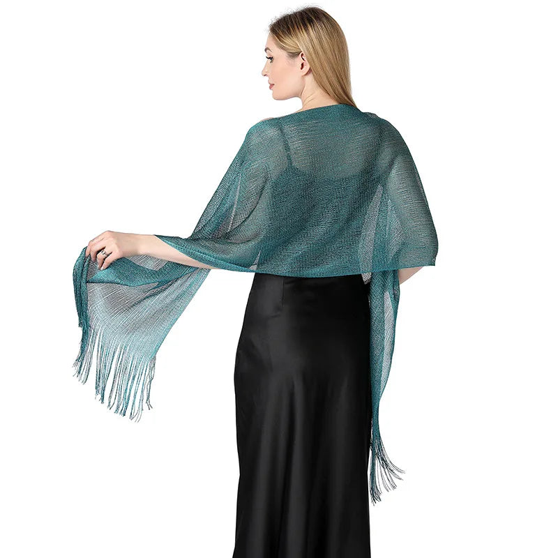 Moda Ouro Prata Brilhante Silk Sunscreen Scarf Feminino Long Tassel Evening Party Dress Xaile Verão Fino Praia Bikini Sun Cloak