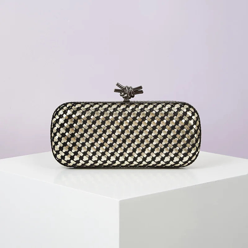 Bolsa de mão de noite dourada para mulheres, bolsa de couro e linha brilhante, elegante, feminina, com nó de metal, bolsa de festa