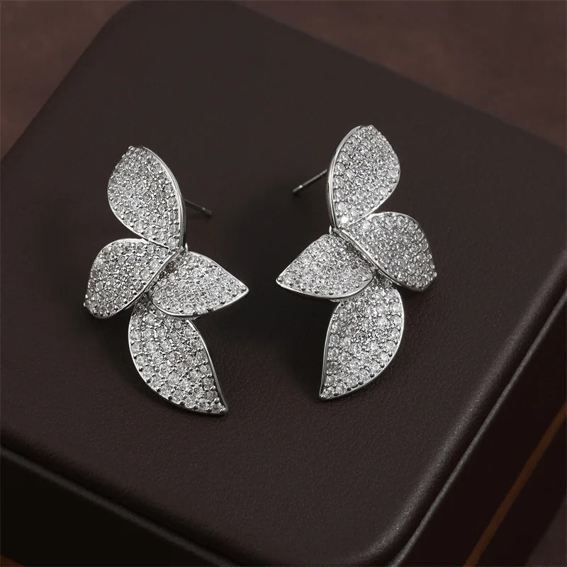 Luxo brilhante micro-conjunto zircão folha brincos para mulheres requintado aaa cz simétrico brinco jóias de casamento