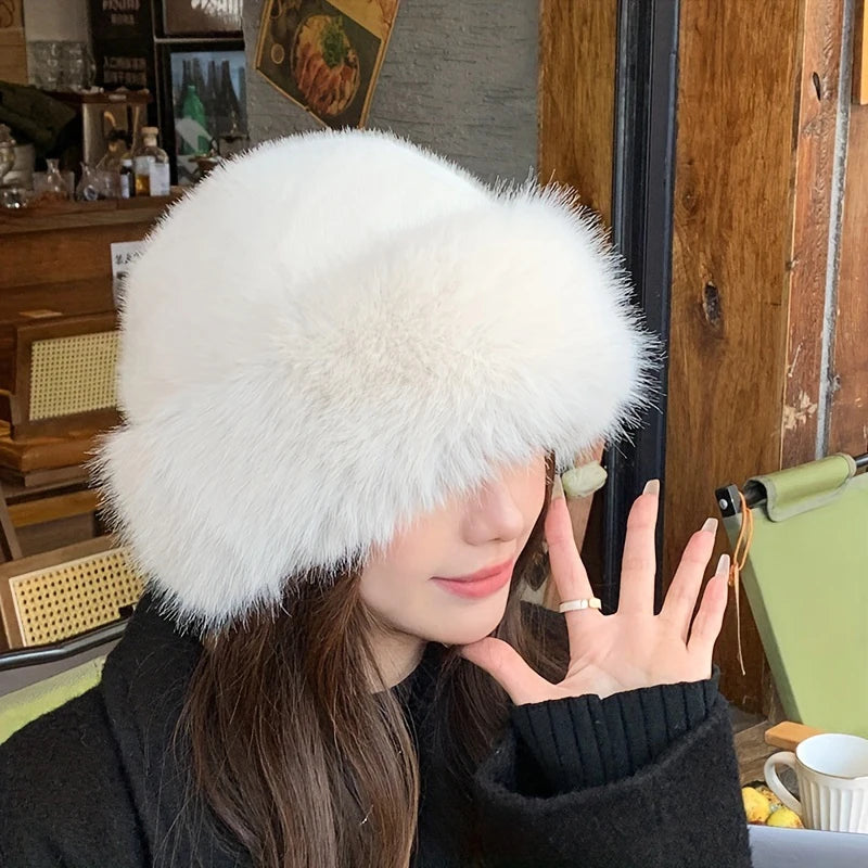 Inverno grosso quente peludo gorros chapéu moda feminina imitação de pele de vison boné russo cor sólida de pelúcia boné sem aba chapéu de esqui