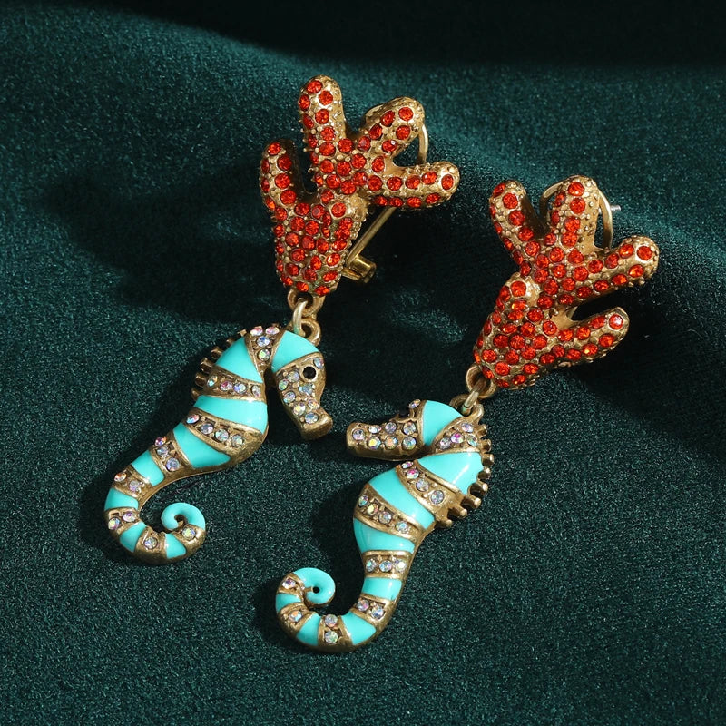Vintage azul cavalo marinho brincos mulher strass cristal vermelho coral esmalte animal verão jóias praia tendência 2025 novo