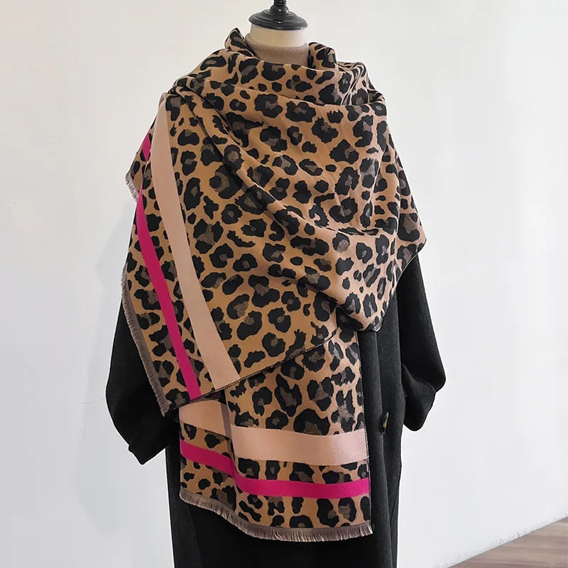 Novo luxo inverno leopardo dupla face cashmere jacquard cachecóis de alta qualidade feminino engrossar envoltório xale senhoras lã pashmina cachecol