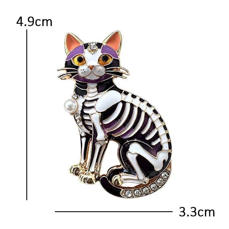 Broche Gato Esqueleto com Caveira de Açúcar Esmaltado Design Temático Halloween Feminino