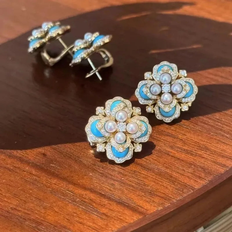 Estilo palácio retro pérola turquesa cristal flor brincos para mulheres novo em requintado brincos de alta qualidade jóias de casamento