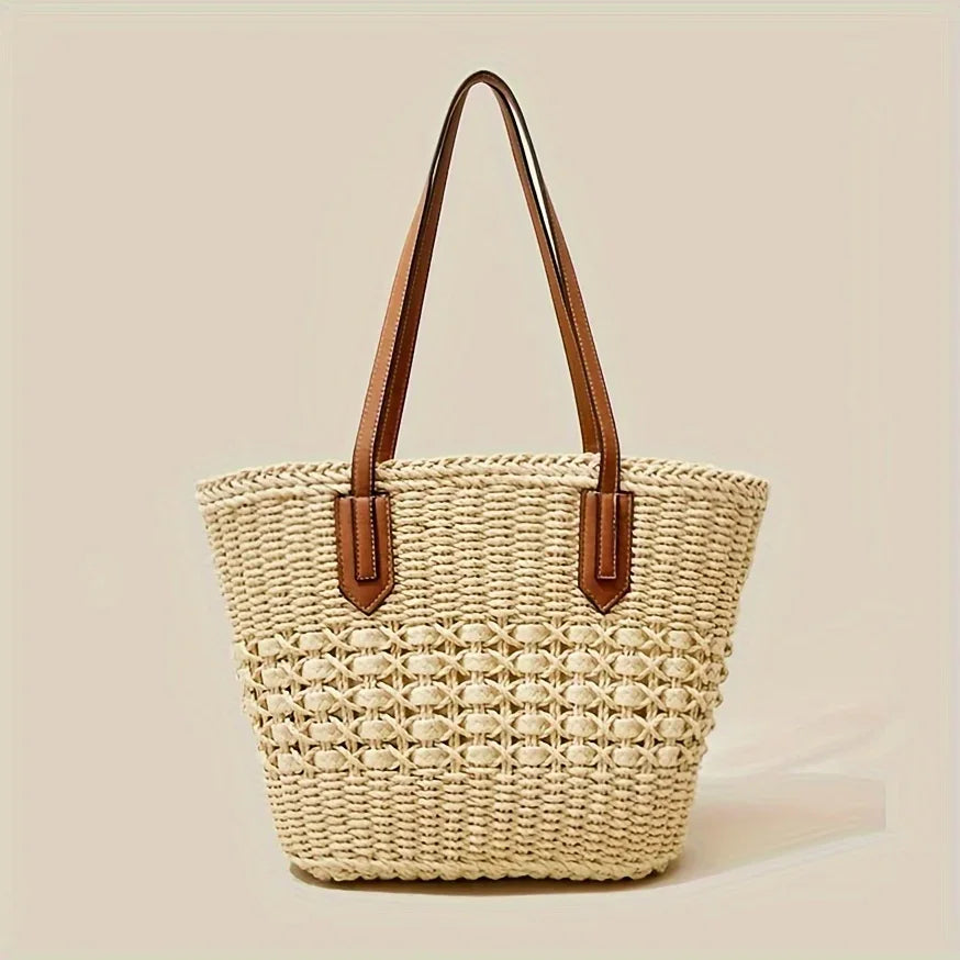 Moda oco saco de palha férias viagem praia saco de ombro feminino grande capacidade trançado sacola de compras diárias saco de mão
