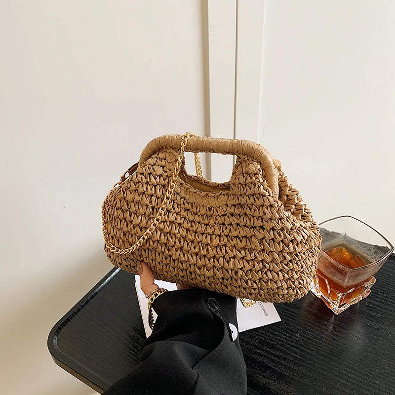 Retro tecido sacos de embreagem para as mulheres 2025 palha concha corrente bolsa mensageiro senhoras férias praia eco-friendly crossbody saco