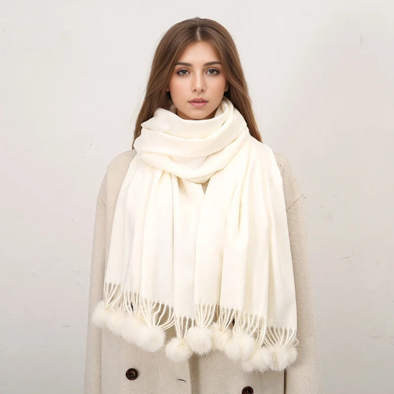 Lenço quente feminino com bola de pele de coelho pashmina lenços grossos xales inverno cashmere pompom cachecol senhoras oversize cobertor envoltório