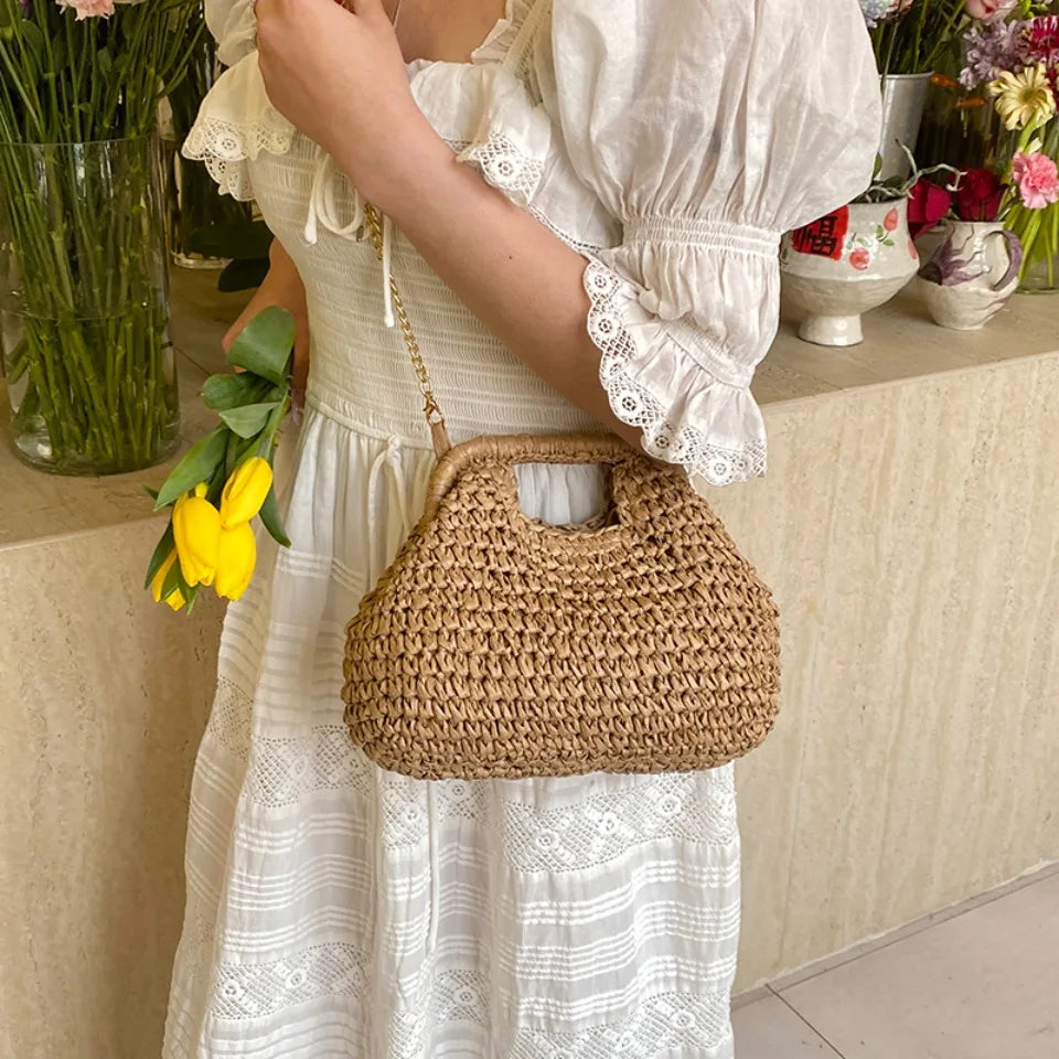 Retro tecido sacos de embreagem para as mulheres 2025 palha concha corrente bolsa mensageiro senhoras férias praia eco-friendly crossbody saco