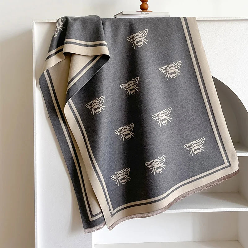 Luxo marca de dois lados abelhas lenço, imitação de caxemira, macio, quente, franja, pashmina, xale, inverno, coldproof, à prova de vento, cobertor