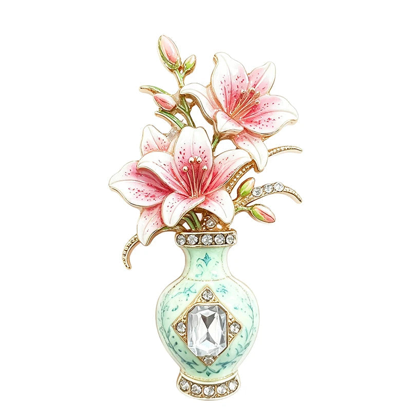 Broche Vaso de Lírios com Strass Design Elegante Feminino