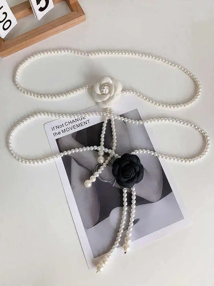 1 pçs cinto de cintura de pérola feminino novo estilo camélia decorativo versátil cinto combinando vestido casaco jaqueta moda elegante cinto