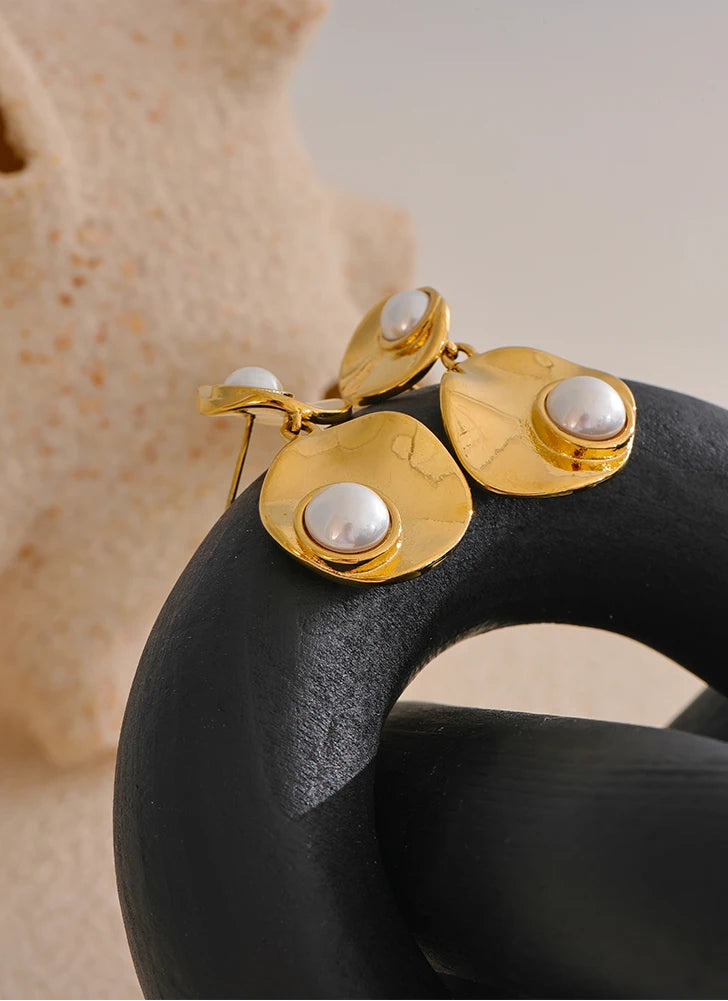 Yhpup elegante imitação de pérolas redondas geométricas brincos pendurados elegantes de aço inoxidável coreano joia diária presente