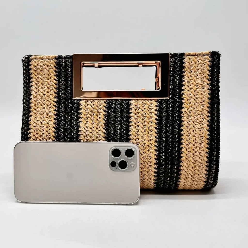 Bolsa de mão de palha tecida elegante para mulheres, bolsa de jantar elegante, bolsa portátil, padrão de jacaré, interior de poliéster