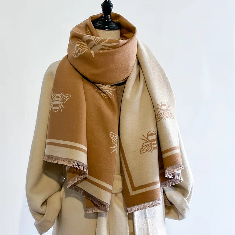 Luxo marca de dois lados abelhas lenço, imitação de caxemira, macio, quente, franja, pashmina, xale, inverno, coldproof, à prova de vento, cobertor