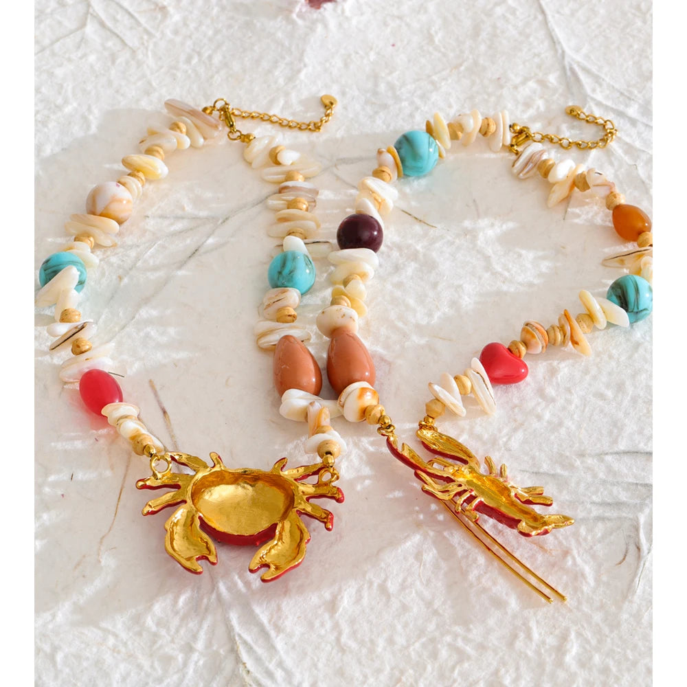 Yhpup oceano estilo lagostins caranguejo pingente colar para mulheres concha resina acrílica corrente jóias artesanais