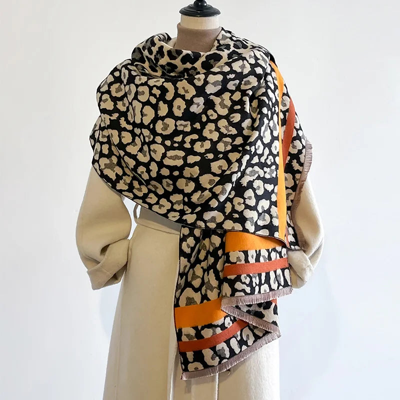 Novo luxo inverno leopardo dupla face cashmere jacquard cachecóis de alta qualidade feminino engrossar envoltório xale senhoras lã pashmina cachecol