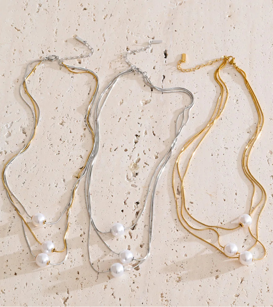 Yhpup coreano aço inoxidável simulado pérolas 3 camadas pingente colar popular moda chique requintado jóias acessórios presente