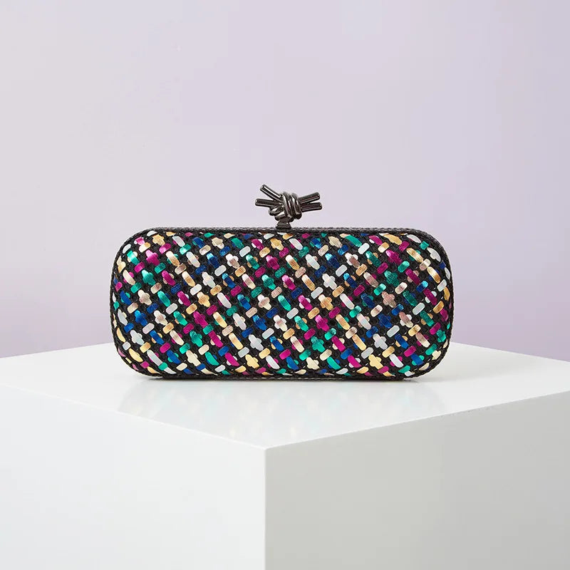 Bolsa de mão de noite dourada para mulheres, bolsa de couro e linha brilhante, elegante, feminina, com nó de metal, bolsa de festa