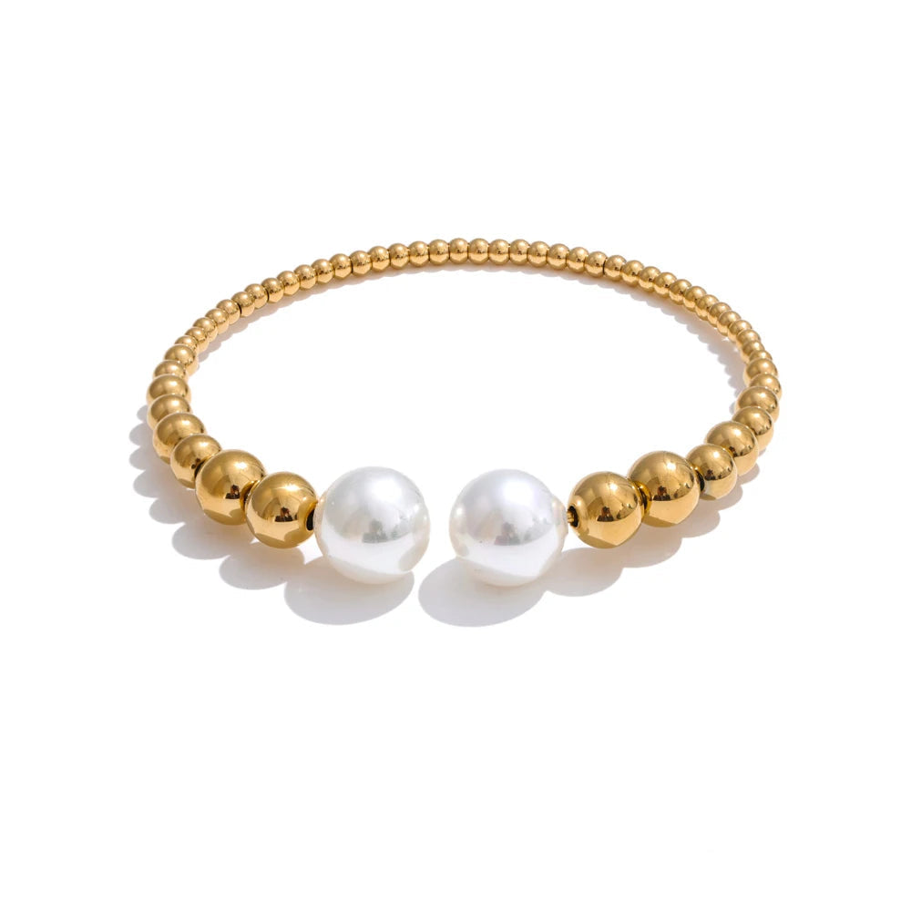 Yhpup 60mm popular redondo grânulo pérola corrente aberta pulseira mancha resistente metal aço inoxidável verão jóias atraentes