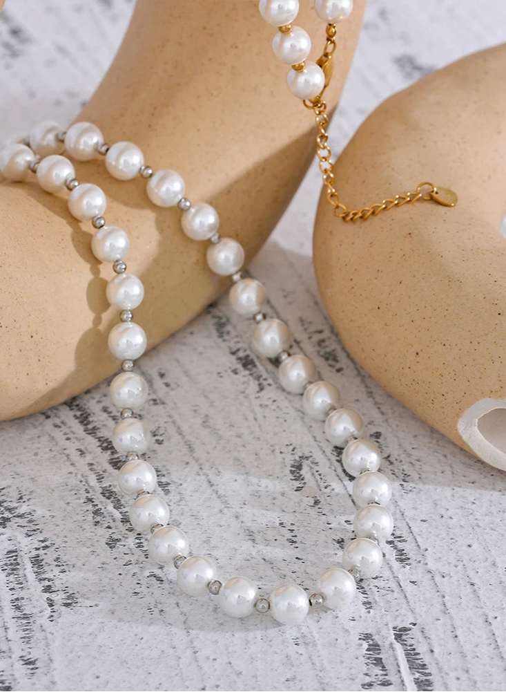 Yhpup destaque imitação de pérolas sem descascar corrente artesanal à prova d'água chique colar de aço inoxidável joias básicas da moda